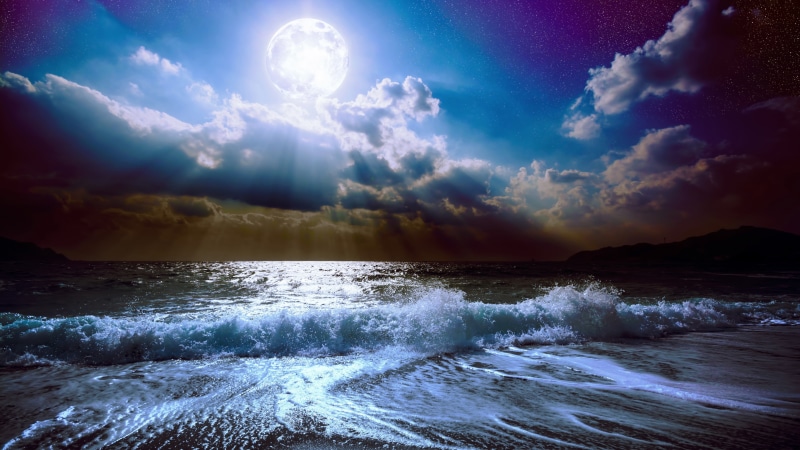 cloud, wave, sky, 5K, sea, nature, ocean, moonlight, night sky, wind wave, water, calm, starry, horizon