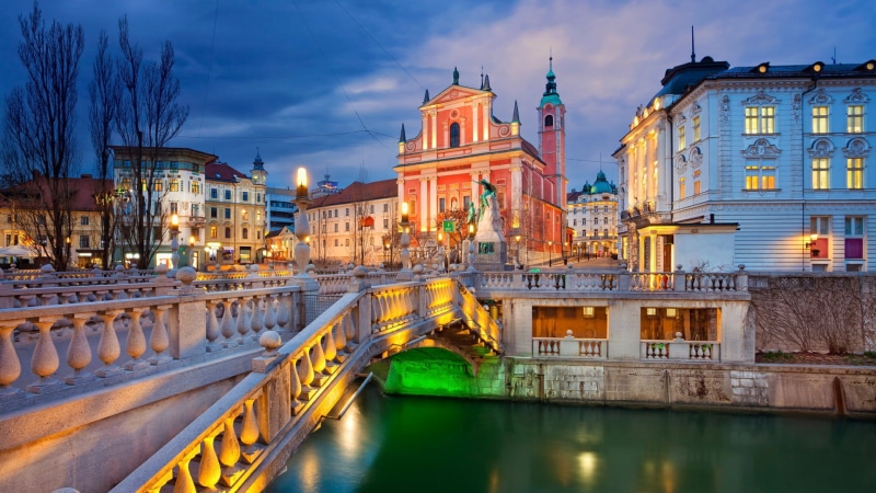 landmark, preseren square, building, old town, no people, nature, ljubljana, building exterior, 1080P, government, evening, cloud - sky, the past, night