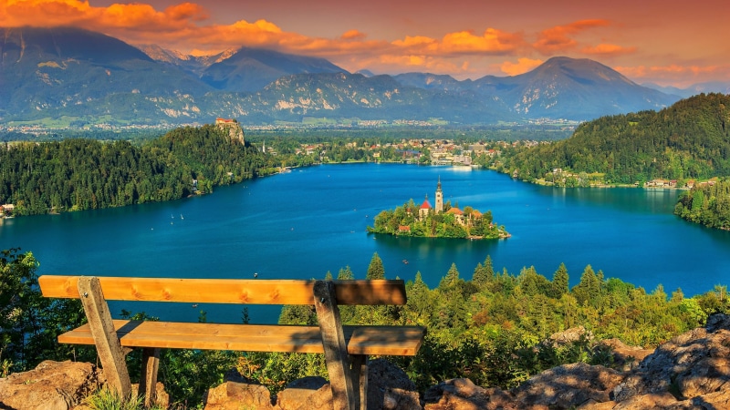 slovenia, bled island, mountains, julian alps, 4K, alps, bench, europe, church, lake, lake bled