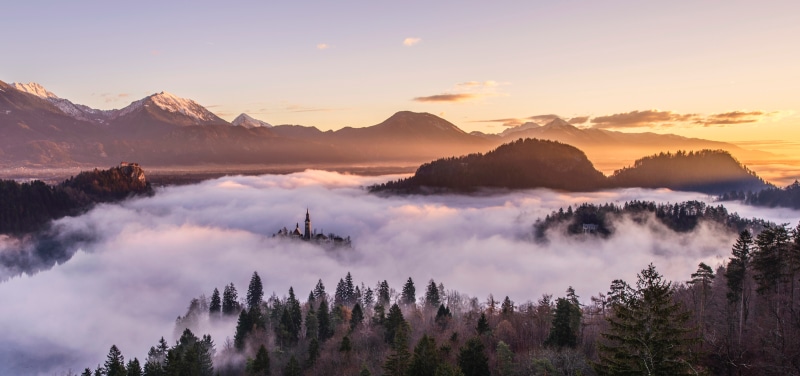 5K, mountains, trees, nature, sunrise, landscape, Slovenia, mist, Lake Bled