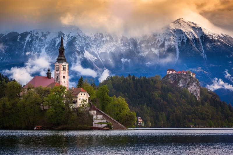 Lake Bled, lake, Slovenia, bled, the mountains, 1080P, the Julian Alps