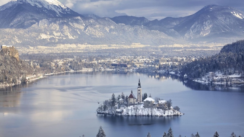 oft, mountains, 1080P, lake, photographed, nature and landscapes, island, bled, church, slovenia, winter