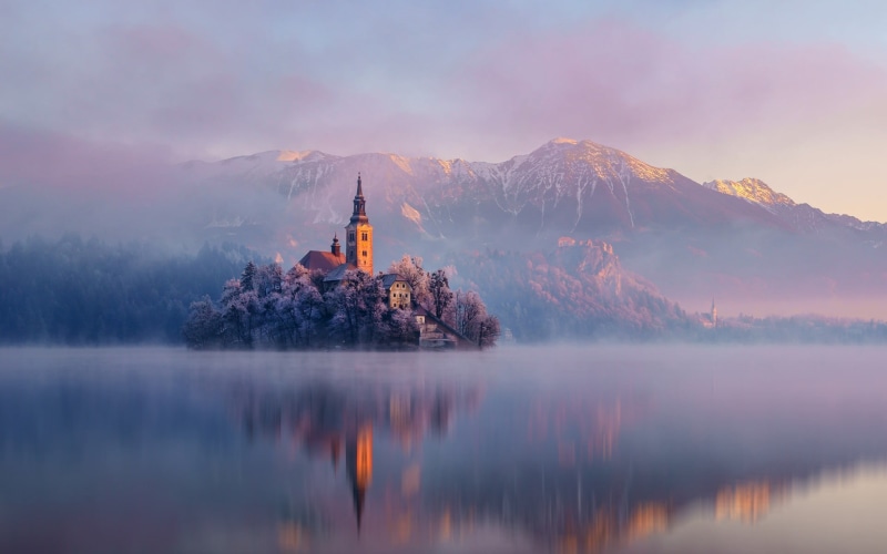 building, tranquility, cloud - sky, building exterior, no people, mountains, waterfront, castle, architecture, church, sky, 1080P, Slovenia, island, fog