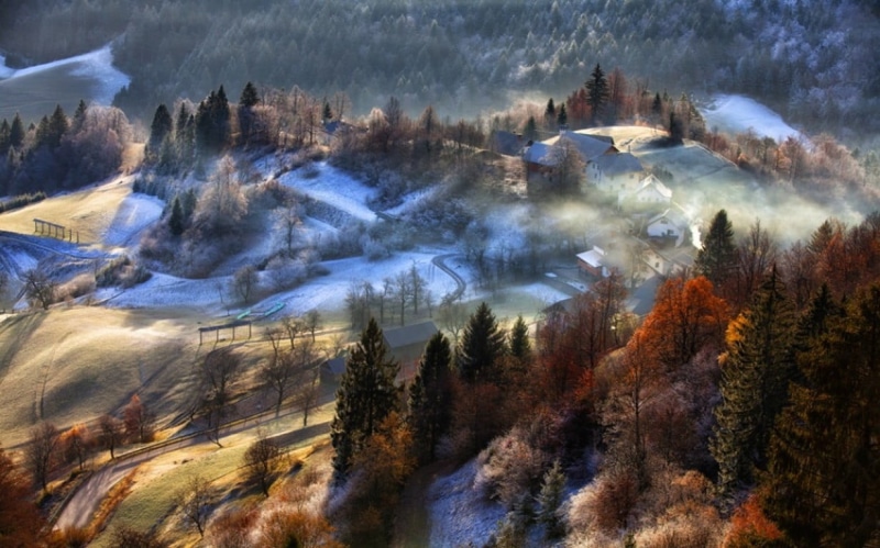 outdoors, building exterior, environment, snow, painting, landscape, tree, autumn, non-urban scene, trees, fall, mountains, no people, plant, mist, tranquility