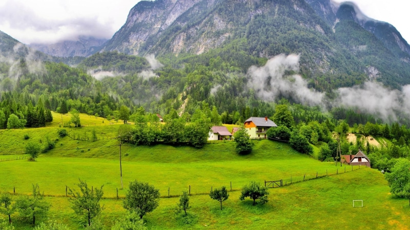 plant, mountain village, vegetation, 4K, tranquility, no people, grass, europe, highland, non-urban scene, cloud - sky, green color, day, architecture