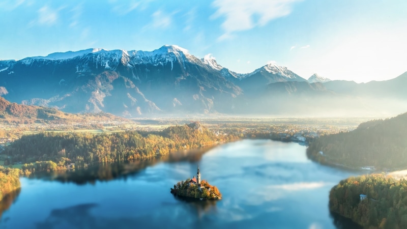lake, forest, 1080P, Slovenia, mist, landscape, church, Lake Bled