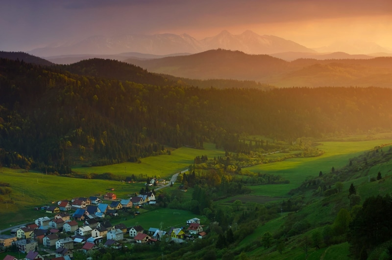 mountains, scenics - nature, village, sun, idyllic, land, environment, plant, tranquil scene, tranquility, green, no people, green color, landscape, architecture