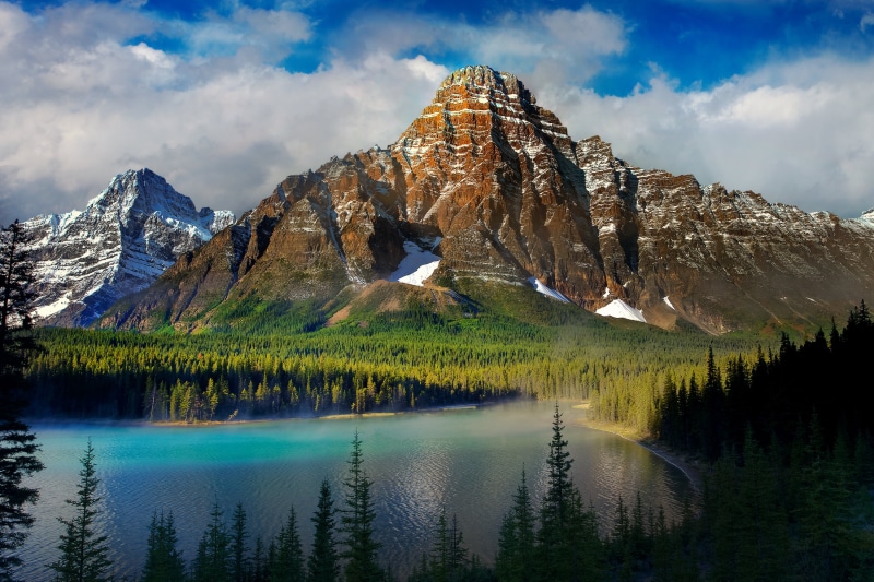 outdoors, water, extreme Terrain, tourism, valley, river, landscape, formation, majestic, green Color, rocky Mountains, autumn, beauty In Nature, snowcapped mountain