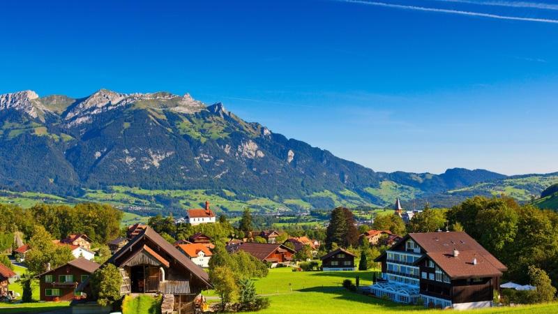 greenery, Summer, nature, swiss alps vacation, switzerland, swiss alps images, swiss alps pictures, Mountains, houses, swiss alps photos, 2560x1440, 2K