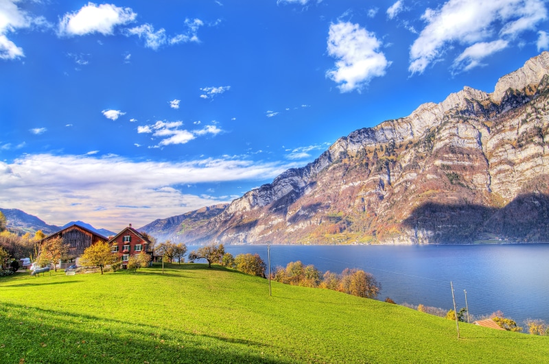 under the blue sky, mountain, near, 4K, painted, field, brown, sky  blue, fog, grass, house, painted house, place to live, photomatix, summer, Calm, beautiful