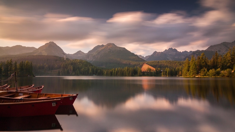 4K, strba lake, europe, slovakia, water, morning, loch, cloud, sky, nature, picturesque, reflection, glacial lake, landscape, boat, lake, calm, wilderness