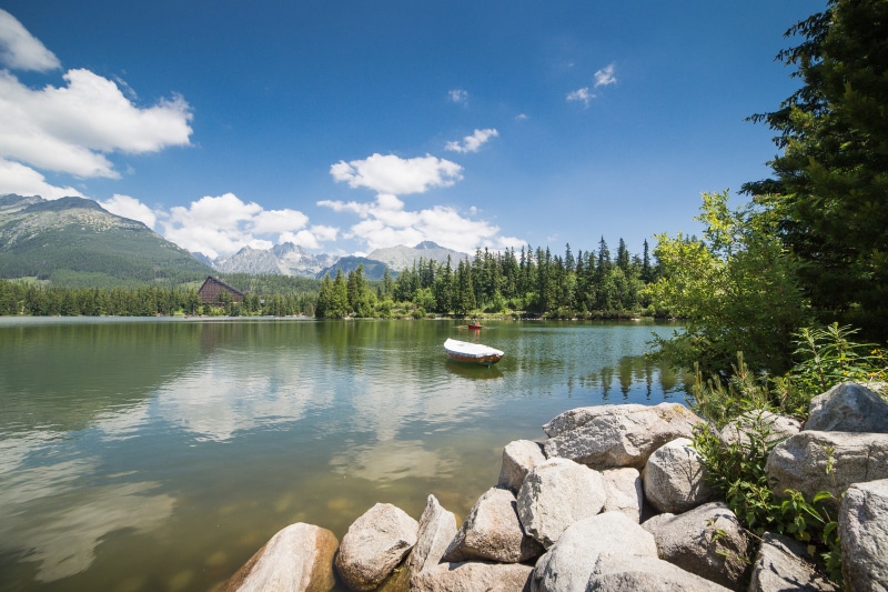 day, Lake, sky, panorama, mountain Range, reflection, mountains, forest, tranquility, blue, Lonely, rock, plant, rock - Object, tree, summer, tranquil Scene