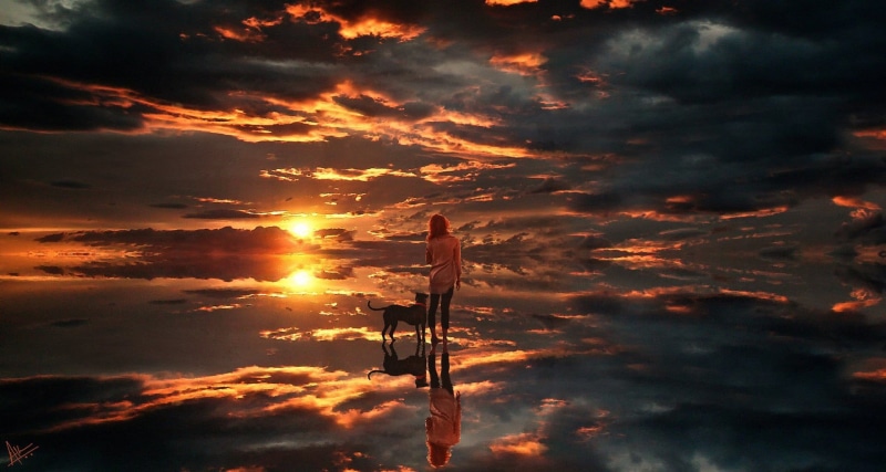  water, tranquility, dog, illustration, dramatic sky, sunset, body, woman, orange color, one person, outdoors, digital art, standing, Abrar Khan
