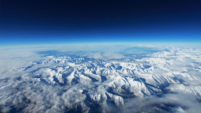 scenics - nature, cloud, snowcapped mountain, tranquility, europe, extreme terrain, above, landscape, aerial view, environment, mountain range, winter