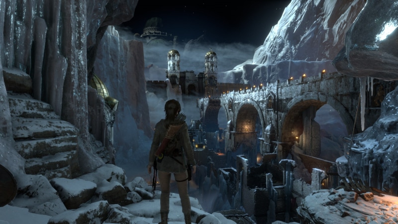 real people, 1080P, built structure, indoors, winter, night, Rise of the Tomb Raider, place of worship, nature, illuminated, Lara Croft, solid, standing