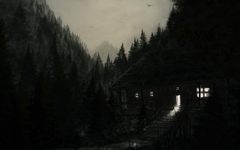 surrounded, house, painting, growth, nature, dark, artwork, mountains, transportation, tranquility, trees, forest, brown, cottage, night, spooky, built structure