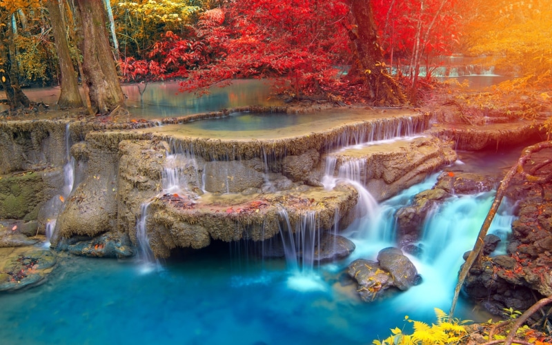 trees, colorful, tropical, landscape, waterfall, 1080P, nature, Thailand, fall