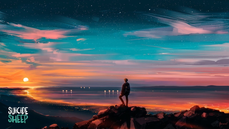 artwork, Aenami, sky, sunset, landscape, 1080P, digital art, Suicide Sheep, sea