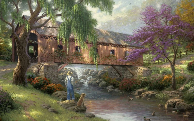 travel, fishing, vertebrate, painting, bridge, brown, history, plant, pond, building exterior, fisherman, growth, animal, ornamental Garden, landscape
