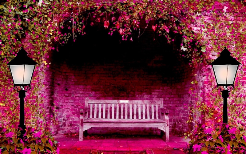 spring, 1080P, bench, garden, flowers, lights, arch, spring garden, 3d and abstract, pink