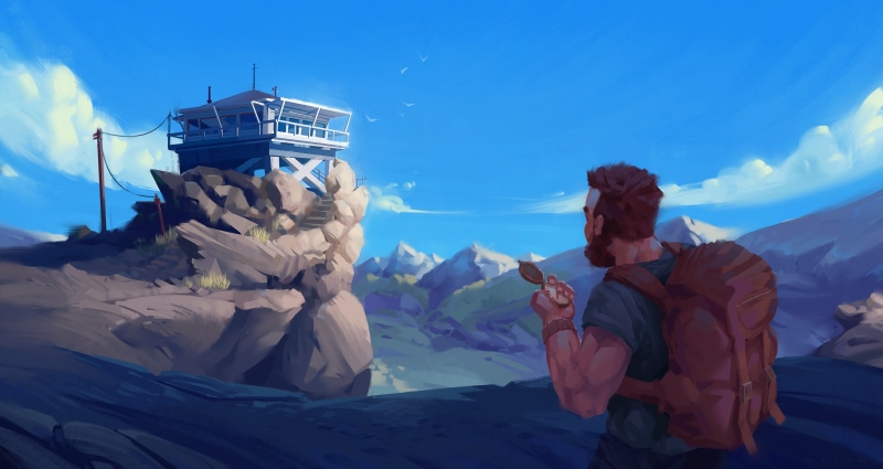 Hills, Mountains, Figure, Campo Santo, Tower, Fire watch, The game, 5K, Forest, People, Landscape, Firewatch, Art, Male