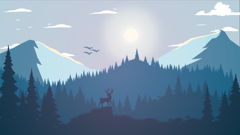 mountains, Pine Trees, artwork, Fire Watch, landscape, 1080P, minimalism, forest, illustration, Deer, animals