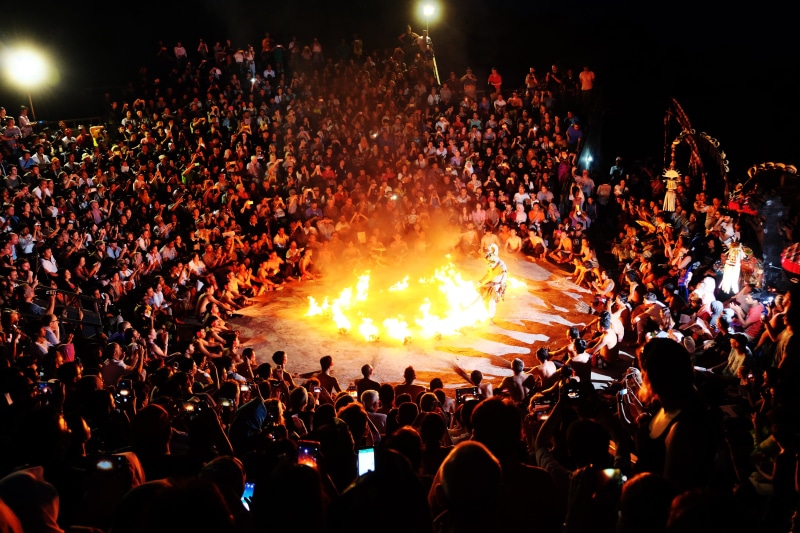 men, real people, 4K, watching, night, fire, dance, crowd, festival, time, bali, excitement, performance, crowded, flames, women, exhibition, large group of people