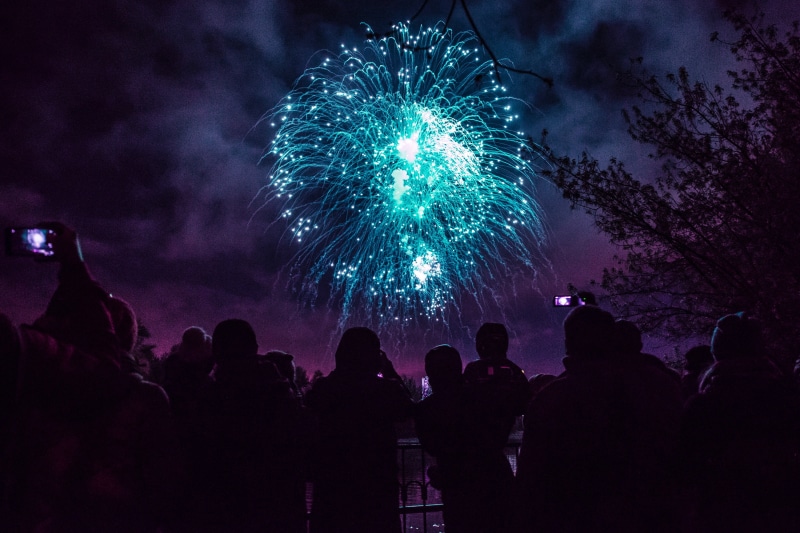firework, crowd, fire - Natural Phenomenon, anniversary, green, event, exploding, new Year, happiness, light - Natural Phenomenon, smoke - physical structure