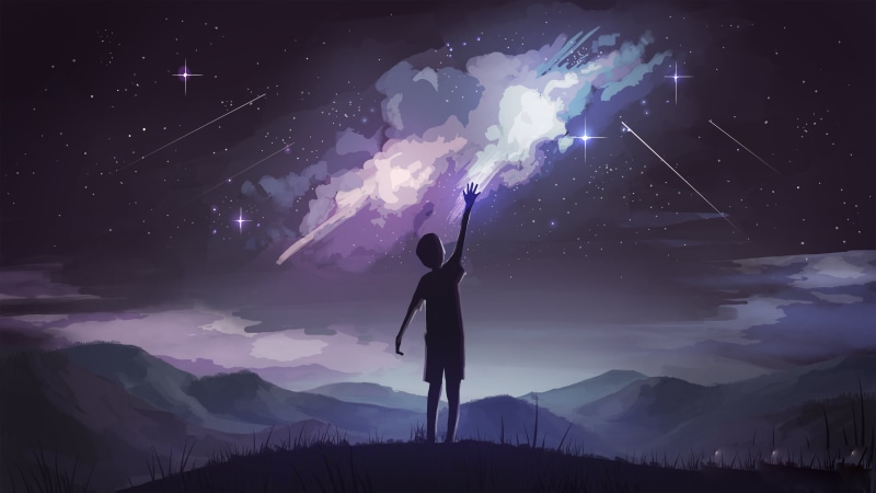 human arm, space, illuminated, beauty in nature, astronomy, nature, lifestyles, mountain, illustration, one person, scenics - nature, standing, galaxy