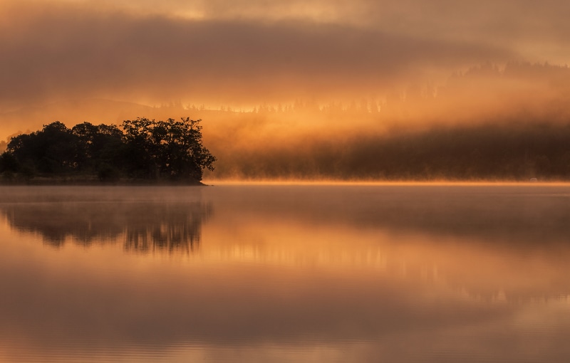Scotland, autumn, silhouette, sunset, nature, 4K, body, reflection, outdoors, Trossachs, Loch Achray, lake, body of water, sky, near, Dawn, trees, scenics