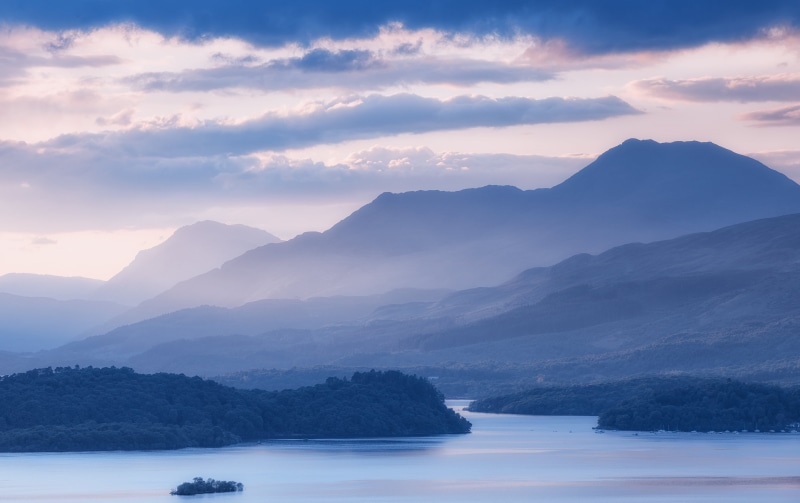 f/2, USM, nature, landscape, Canon 6D, Trossachs, mountain Peak, outdoors, sky, fog, scenics, Scotland, National Park, Loch Lomond, sunset, II, Crannog