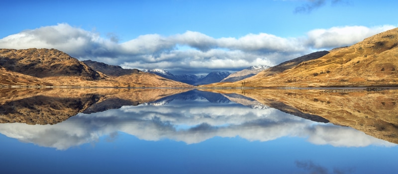 mountain, lake, Loch, blue, nature, reflections, landscape, scenics, sky, sea, outdoors, 5K, travel, cliff, brown, Trossachs, Scotland, beside