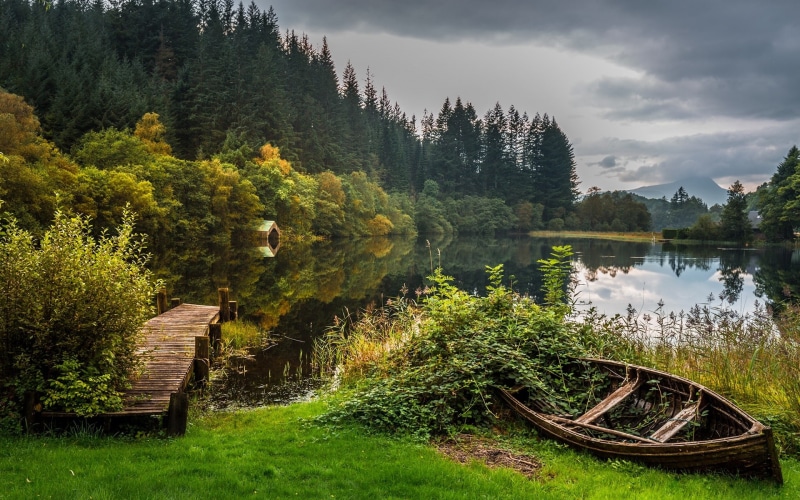 boat, Trossachs National Park, the bridge, Loch Lomond, 1080P, lake, autumn, Scotland, forest