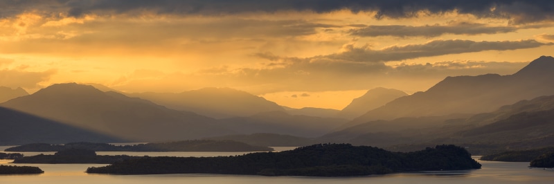 body of water, summer, brown mountain, USM, sunrise - Dawn, II, National Park, sunset, nature, body, water, islands, f/2, outdoors, Trossachs, mountain