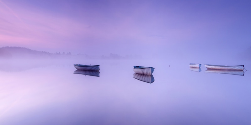 Scotland, Rowing boat, calm, body of water, body, morning, daytime, Breathing Space, boat, Loch Rusky, Trossachs, Landscape, mist, water, 5K, peaceful