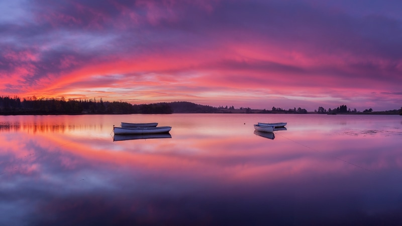 scotland, rowing boat, morning, purple clouds, sunrise, united kingdom, cloud, calm, purple sky, reflected, sky, loch rusky, europe, dawn, beautiful, horizon