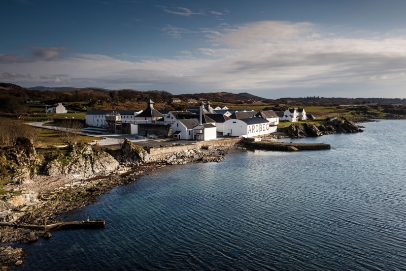 coast, distillery, village, landscape, nature, sea, island, Isle of Islay, birds eye view, Ardbeg, UK, building, Scotland, 2K, clouds