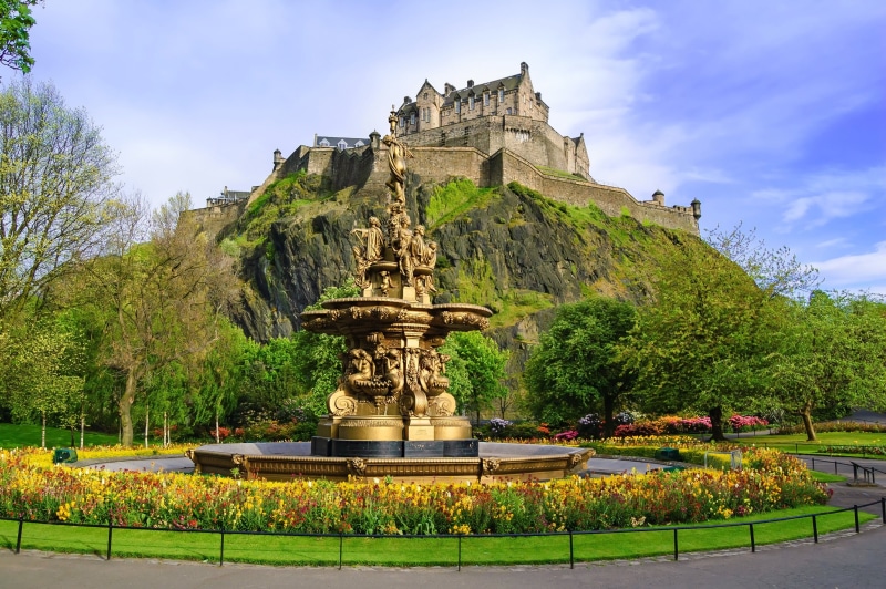 Edinburgh, place of worship, Scotland, history, trees, no people, castle, cityscape, flowers, belief, cloud - sky, 2K, outdoors, day, building exterior