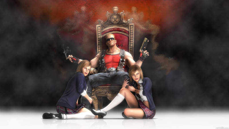 cigarette, poster, feet, man, holding, girls, Duke, 1080P, pistol, sitting, Nukem, hes, Forever