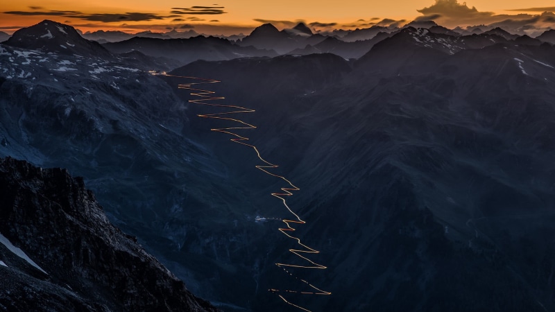 clouds, sky, nature, far view, rocks, landscape, valley, 1080P, snow, road, Stelvio Pass, mountains, Italy, sunset