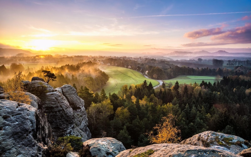 resolution, 1080P, sunrise, sky, fog, trees, high, hills, sunset, mountains, dawn, landscapes, morning, forest, mist, scenic