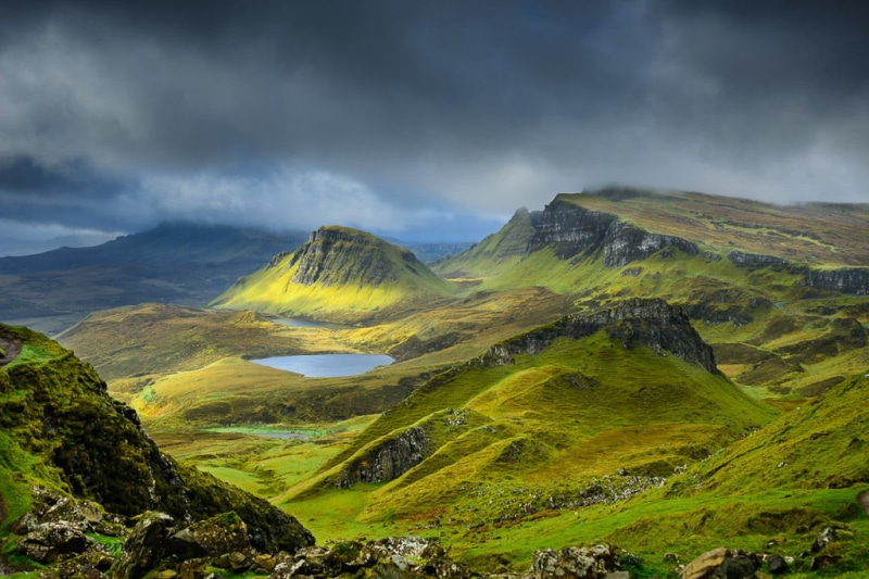 scenics, outdoors, photography, scotland, Clouds, summer, fog, grass  green, 480P, beneath, isle of skye, aerial, rock - Object, lake, highlands, hill