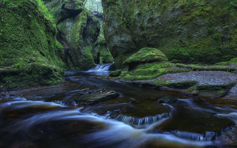 Devils Pulpit, outdoors, nature, forest, green, 5K, scenics, body, mountain, Scotland, Landscape, stream, green mountain, water, rock - Object, river