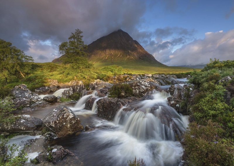 Dawn, mountain, Glencoe, water, Glen Etive, blue sky, waterfall, summit, blue, Highlands, Highland, sky, scenics, 480P, outdoors, sunlight, landscape