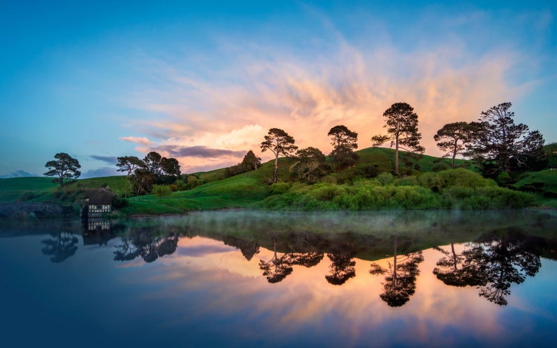 orange color, lake, plant, New Zealand, sunset, 4K, morning, green, hills, waterfront, tree, tranquil scene, reflection lake, nature, standing water, landscape
