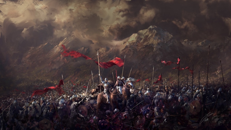 army, mountains, digital art, war, medieval, 1080P, soldier, flag, drawing