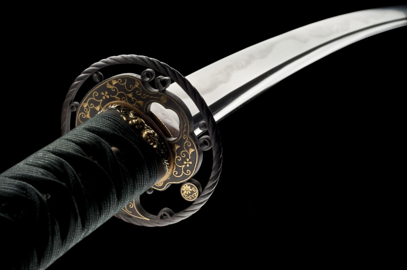 copy space, sword, no people, the past, katana, architecture, equipment, black background, single object, ornate, metal, silver colored, technology, close-up