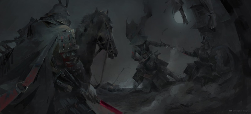 digital art, 1080P, horse, dark, dark fantasy, artwork, sword, samurai, fantasy art