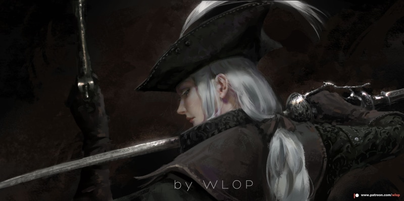 Lady Maria, women, 1080P, fantasy girl, sword, Bloodborne, white hair, digital art, warrior, weapon, hat, WLOP
