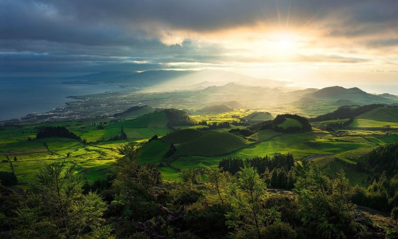 environment, Azores, sky, scenics - nature, cloud - sky, sunbeam, photography, tranquil scene, island, sun, beauty in nature, tree, town, landscape, 720P
